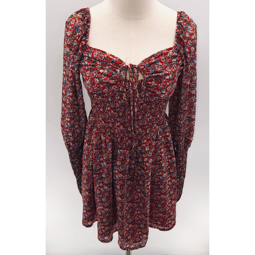 Pretty Little Thing Red/ Floral Print Long Sleeve Mini Sweetheart Dress NWT- 6 - Picture 1 of 12